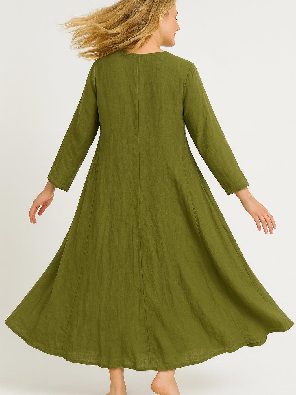 İtalyan Keten V Yaka Elbise - YEŞİL