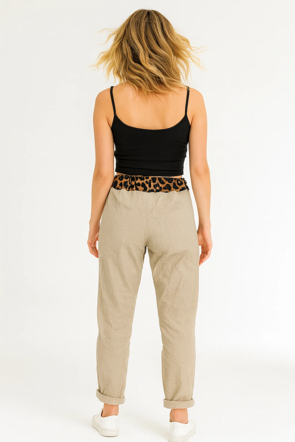 İtalyan Leopar Detaylı Kadife Pantolon - BEJ
