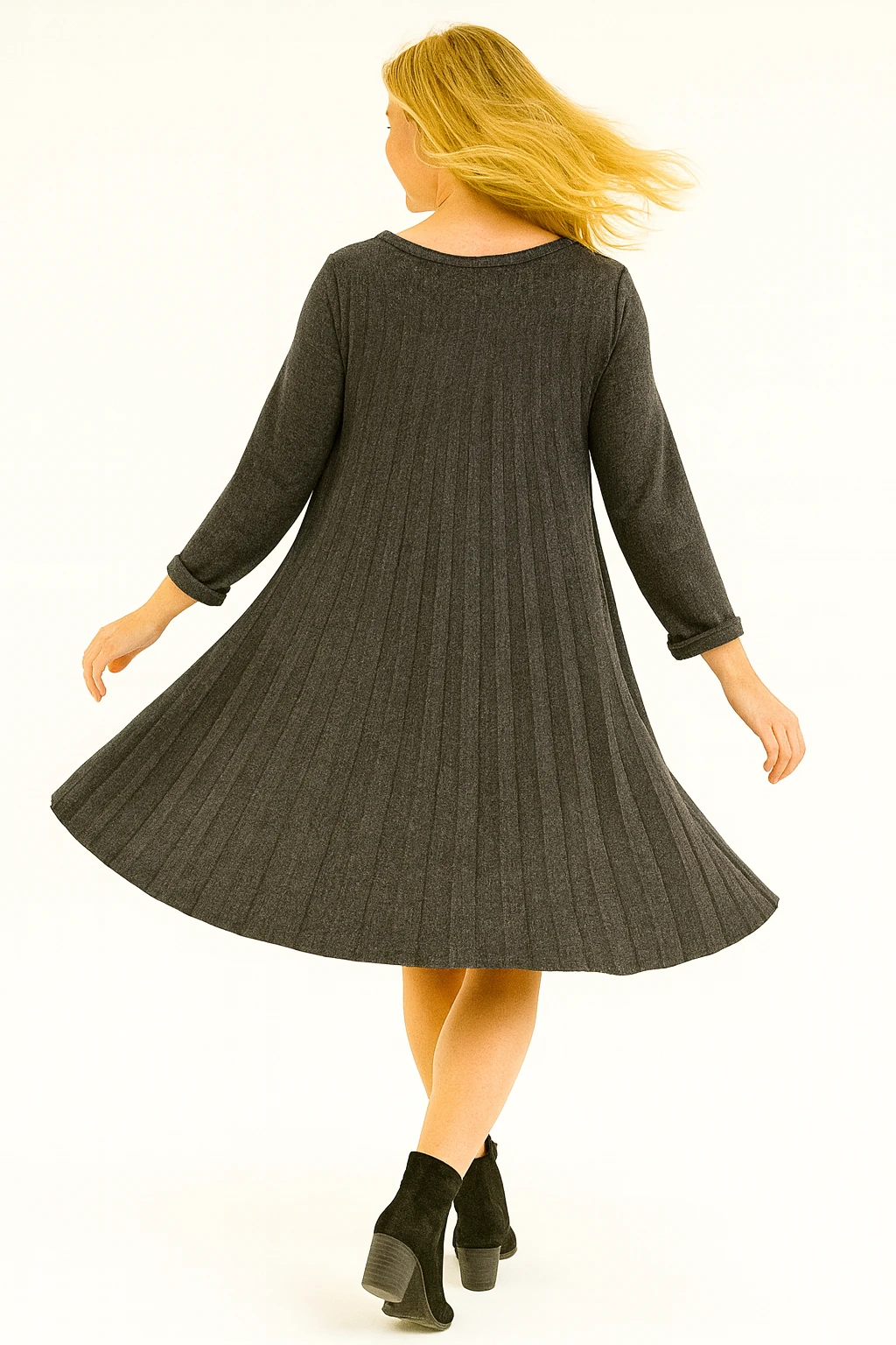 İtalyan Pileli Triko Elbise - ANTRASİT