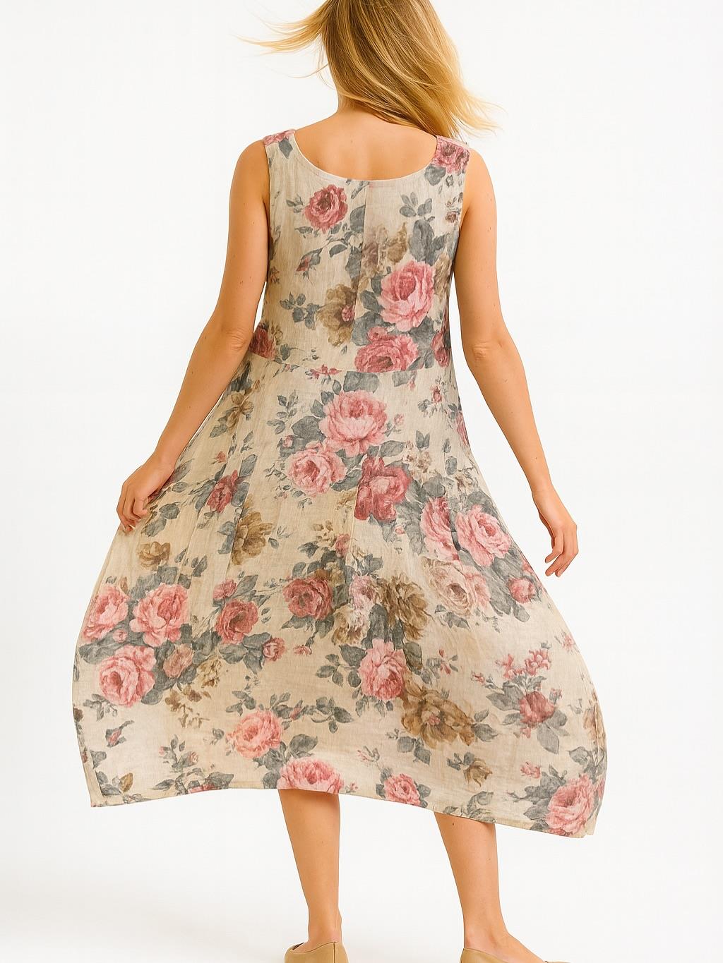 İtalyan Çiçek Desenli Keten Elbise - BEJ
