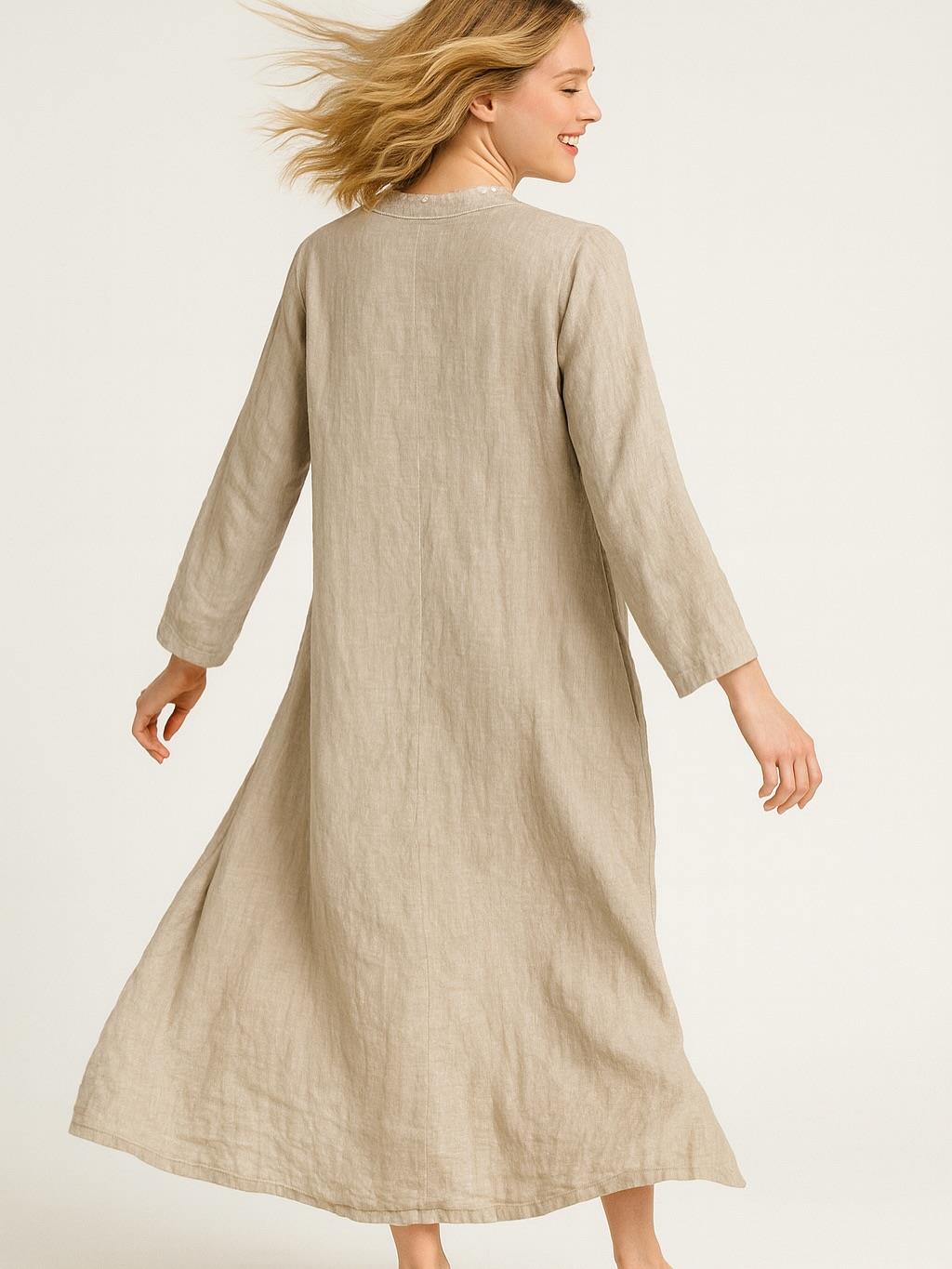 İtalyan Keten Pul Payet Detaylı Elbise - BEJ