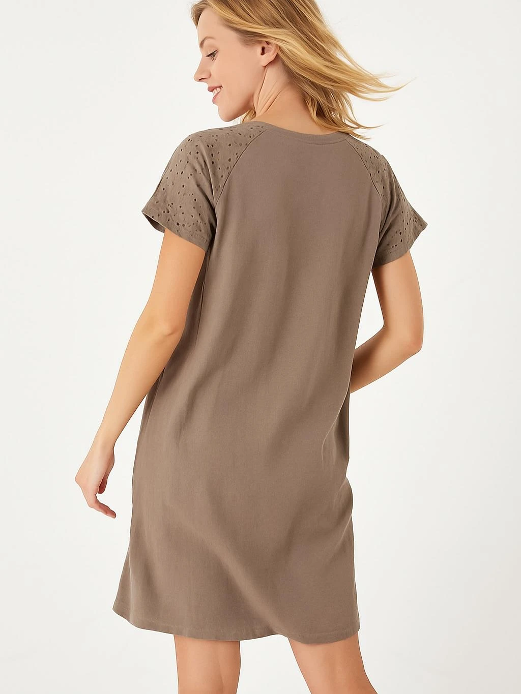 İtalyan Fisto Detaylı Keten Elbise - VİZON