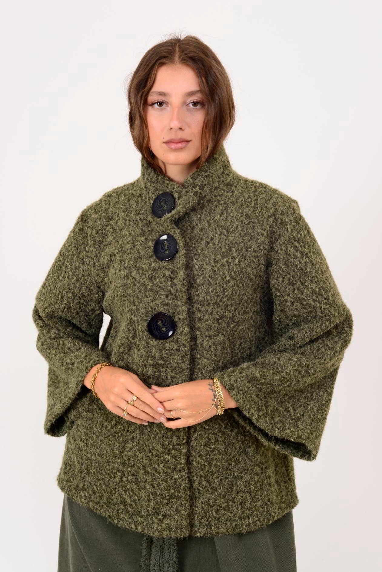 İtalyan Düğme Detaylı Keçe Ceket - HAKİ