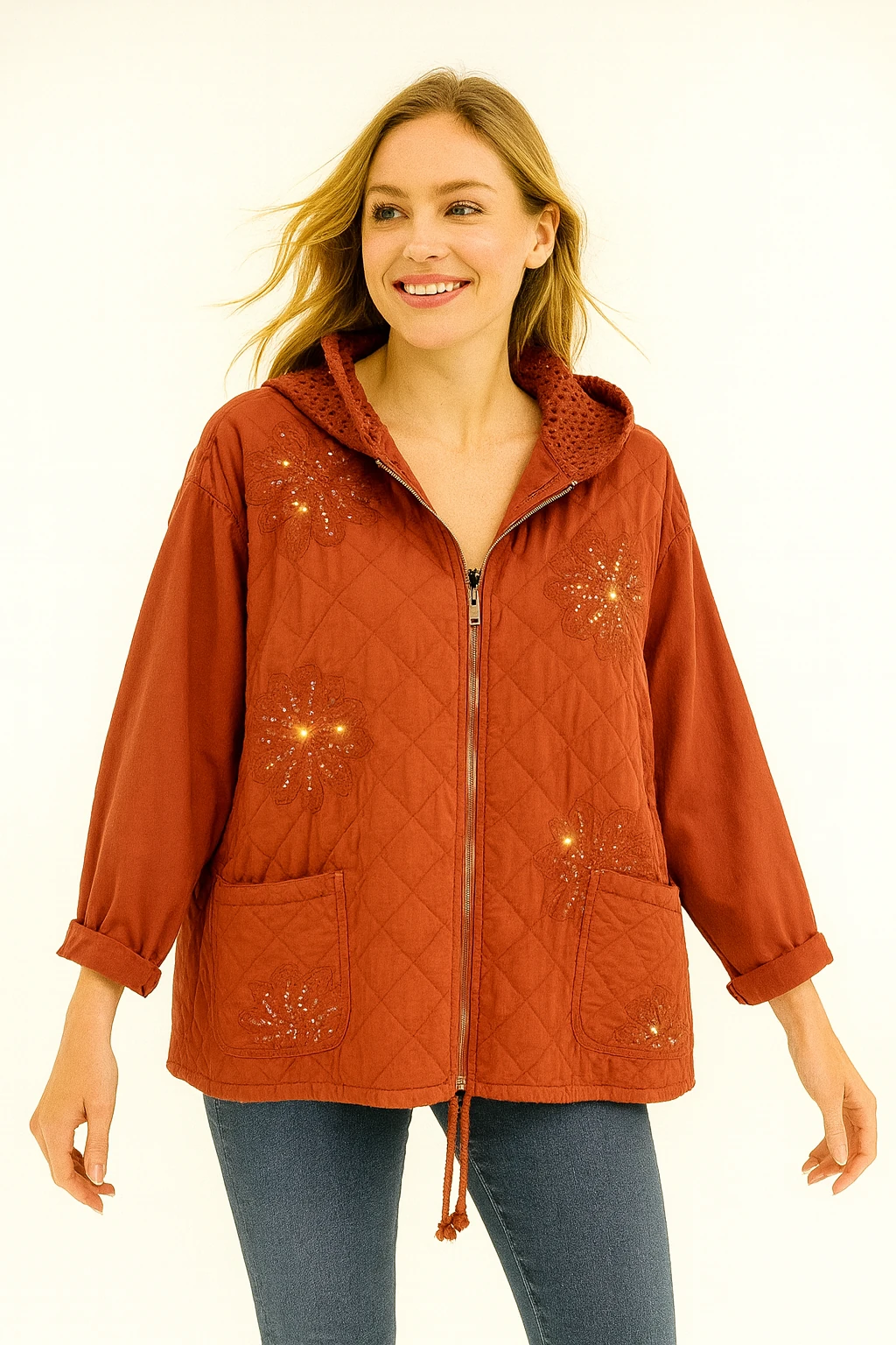 İtalyan Kapitone Nakış Detaylı Ceket - KİREMİT