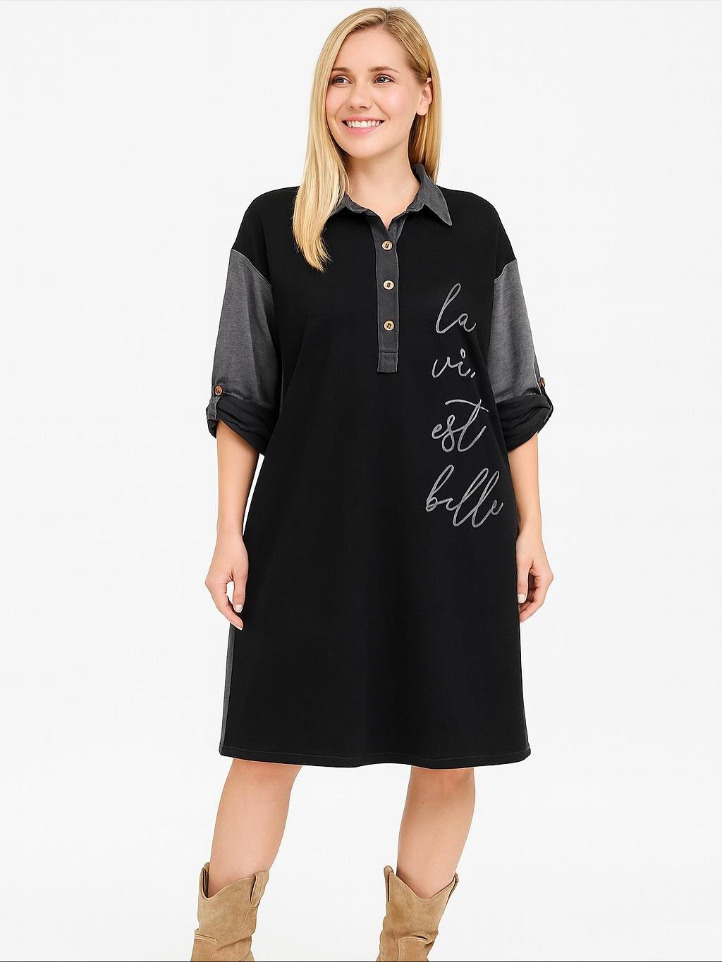 İtalyan Yazı Detaylı Nubuk Elbise - SİYAH