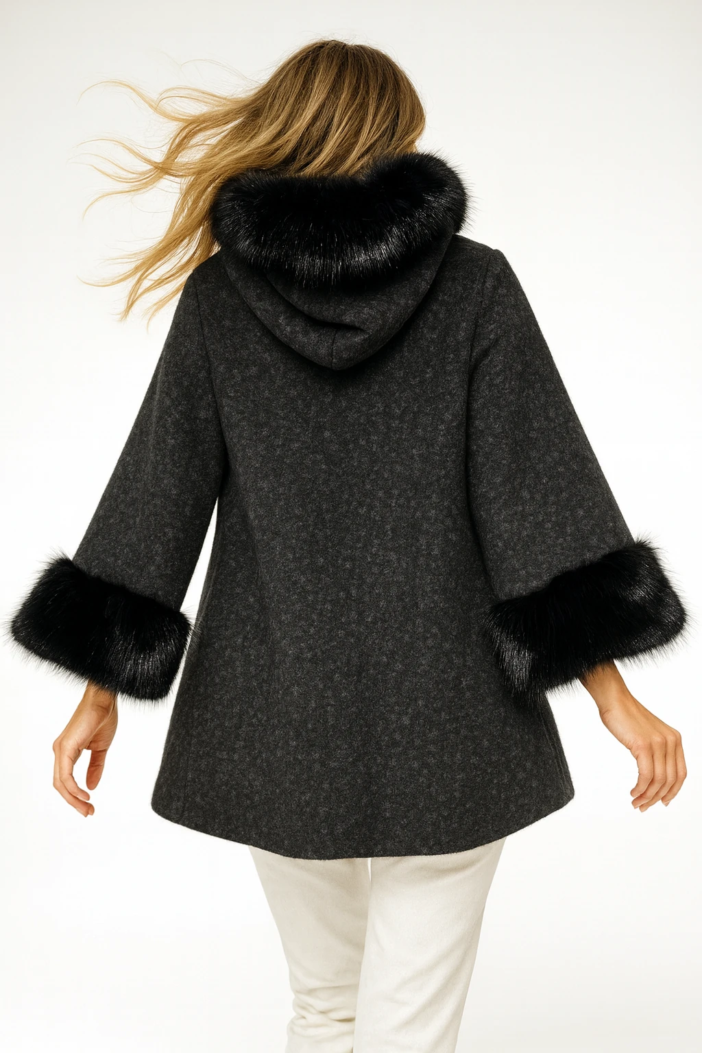 İtalyan Kürk Detaylı Keçe Kaban - SİYAH