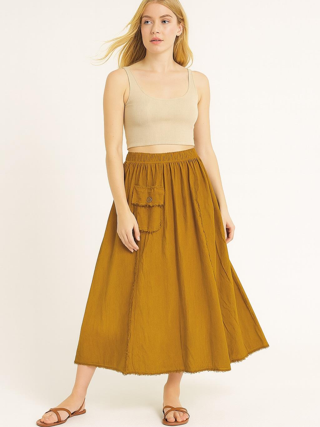 İtalyan Kadife Cepli Etek - HARDAL