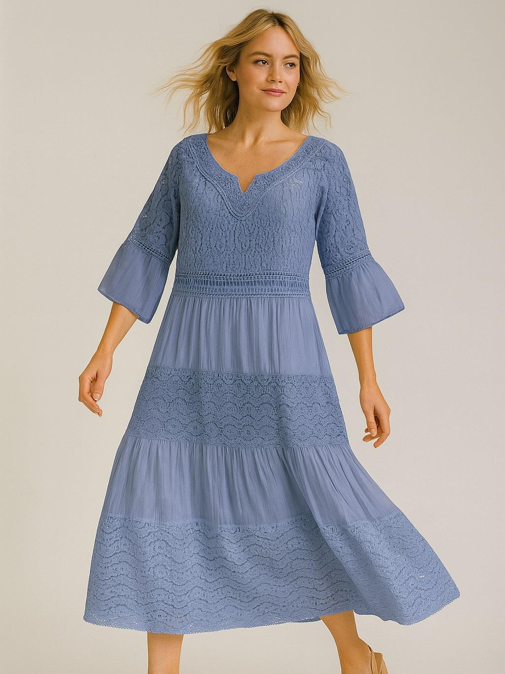 İtalyan İpek Detaylı Dantel Elbise - MAVİ