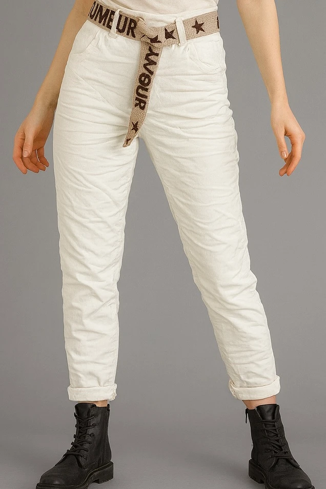 İtalyan Kemerli Kadife Pantolon - BEYAZ
