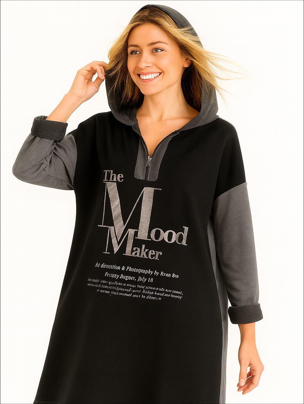 İtalyan Kapüşonlu Nubuk Elbise - SİYAH