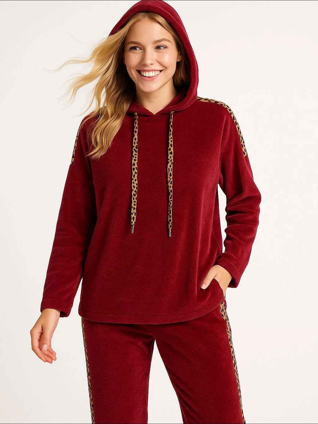 İtalyan Leopar Desenli Kadife Takım - BORDO