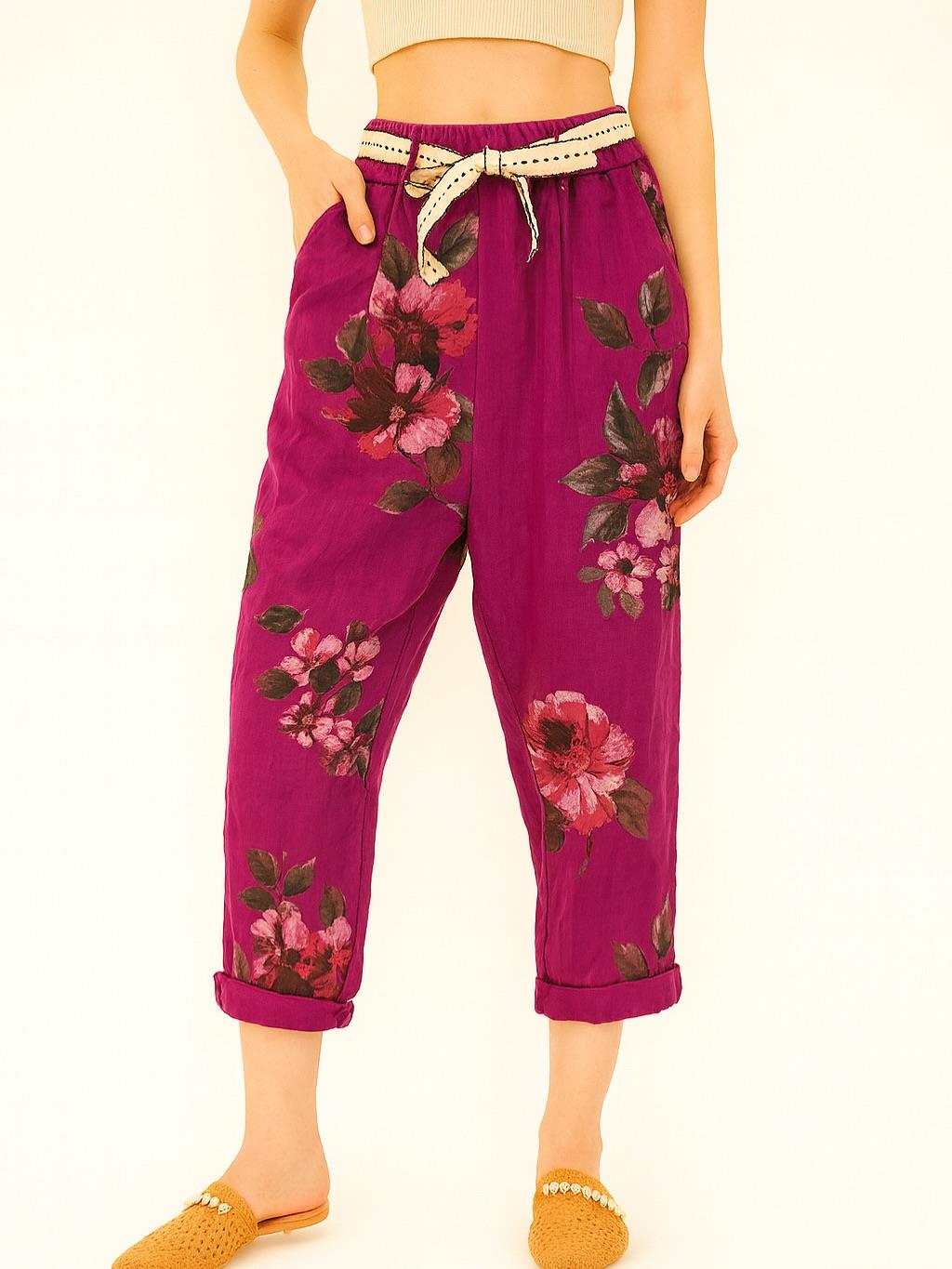 İtalyan Çiçek Desenli Havuç Keten Pantolon - MÜRDÜM