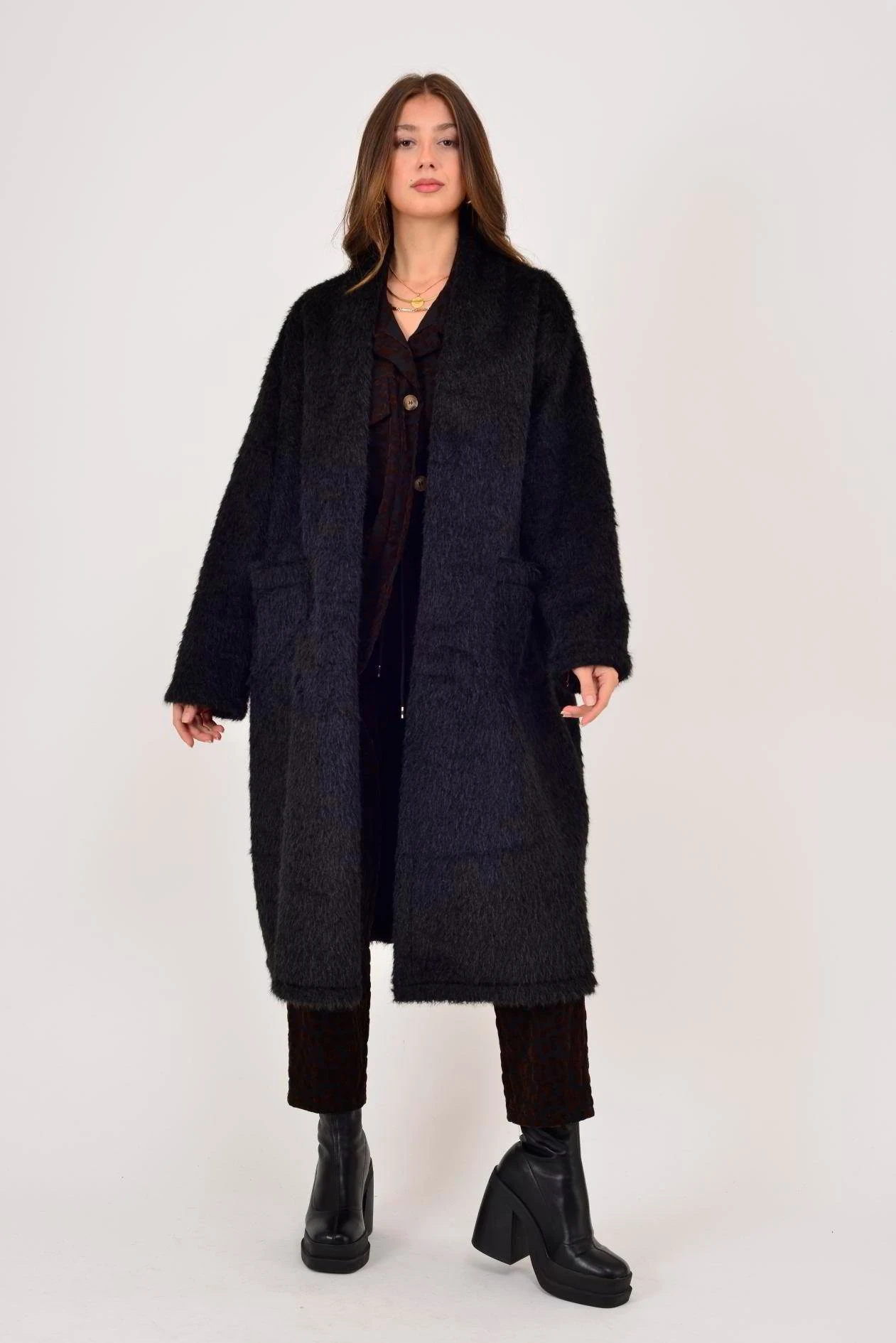 İtalyan Cep Detaylı Keçe Kaban - SİYAH