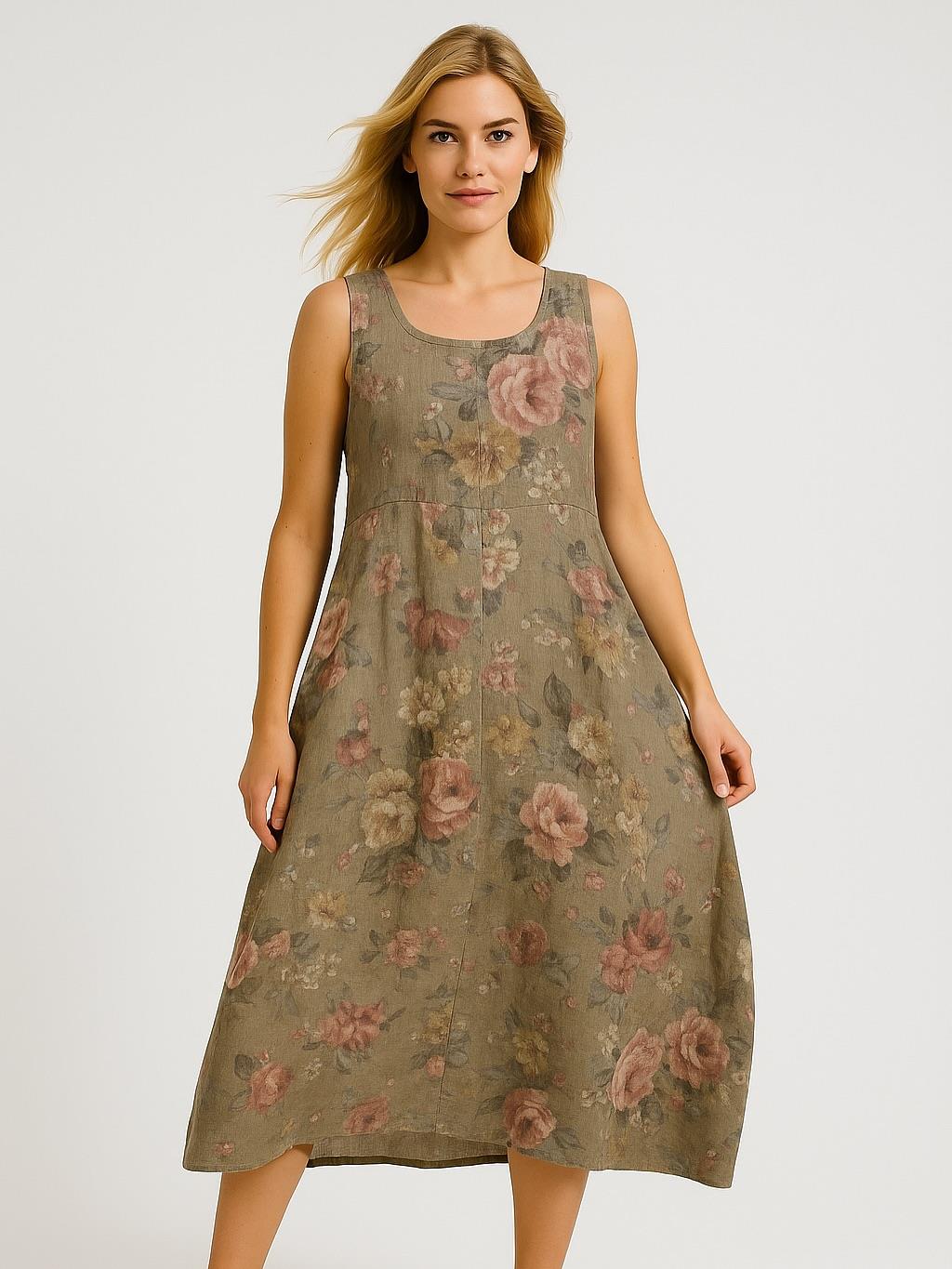 İtalyan Çiçek Desenli Keten Elbise - VİZON