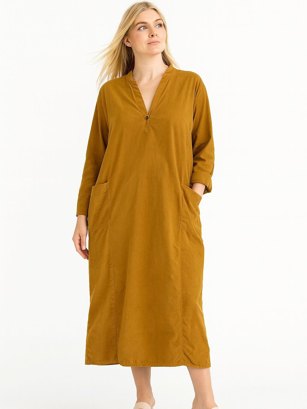 İtalyan Kadife Düğme Detaylı Elbise - HARDAL