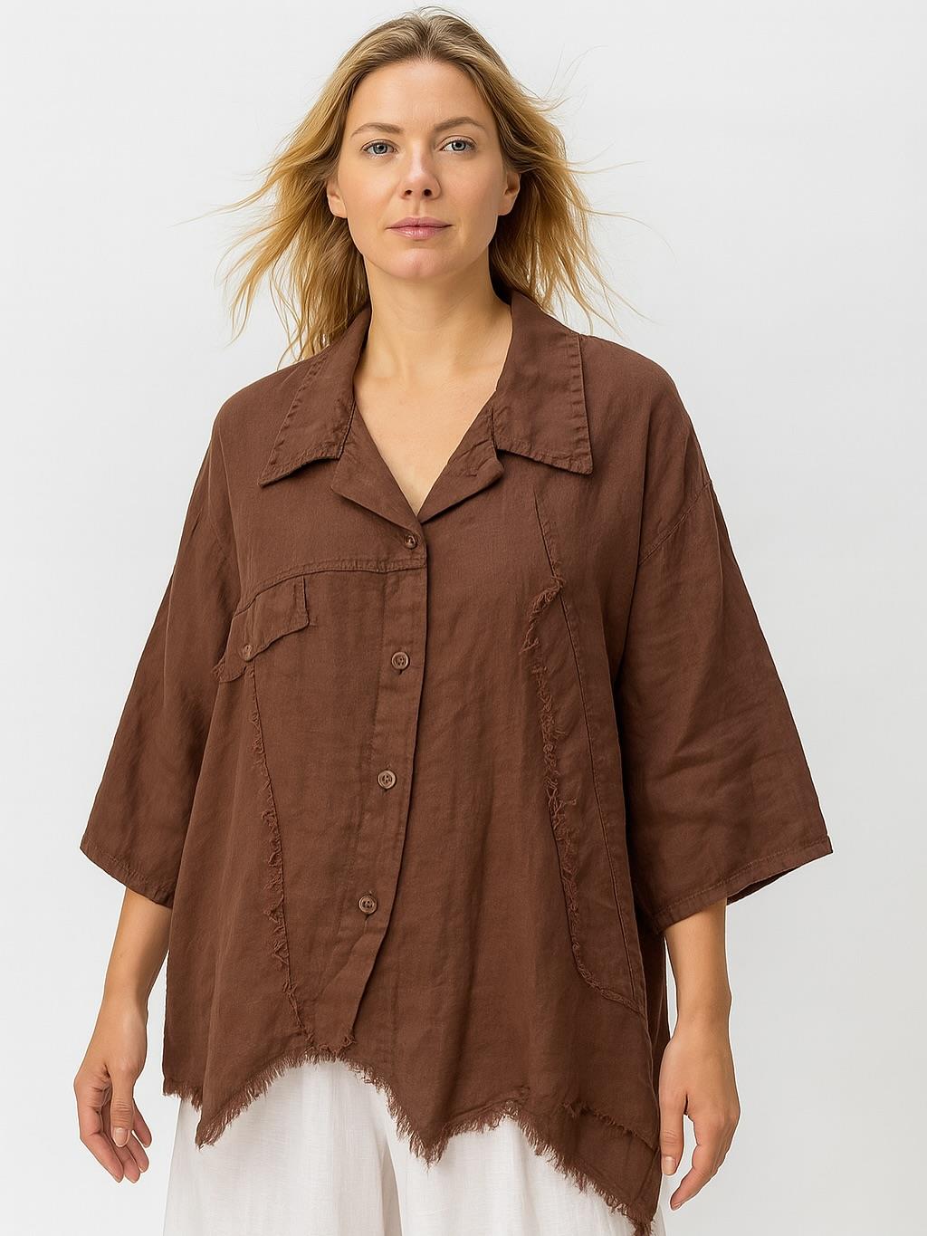 İtalyan Keten Tasarım Gömlek - KAHVERENGİ
