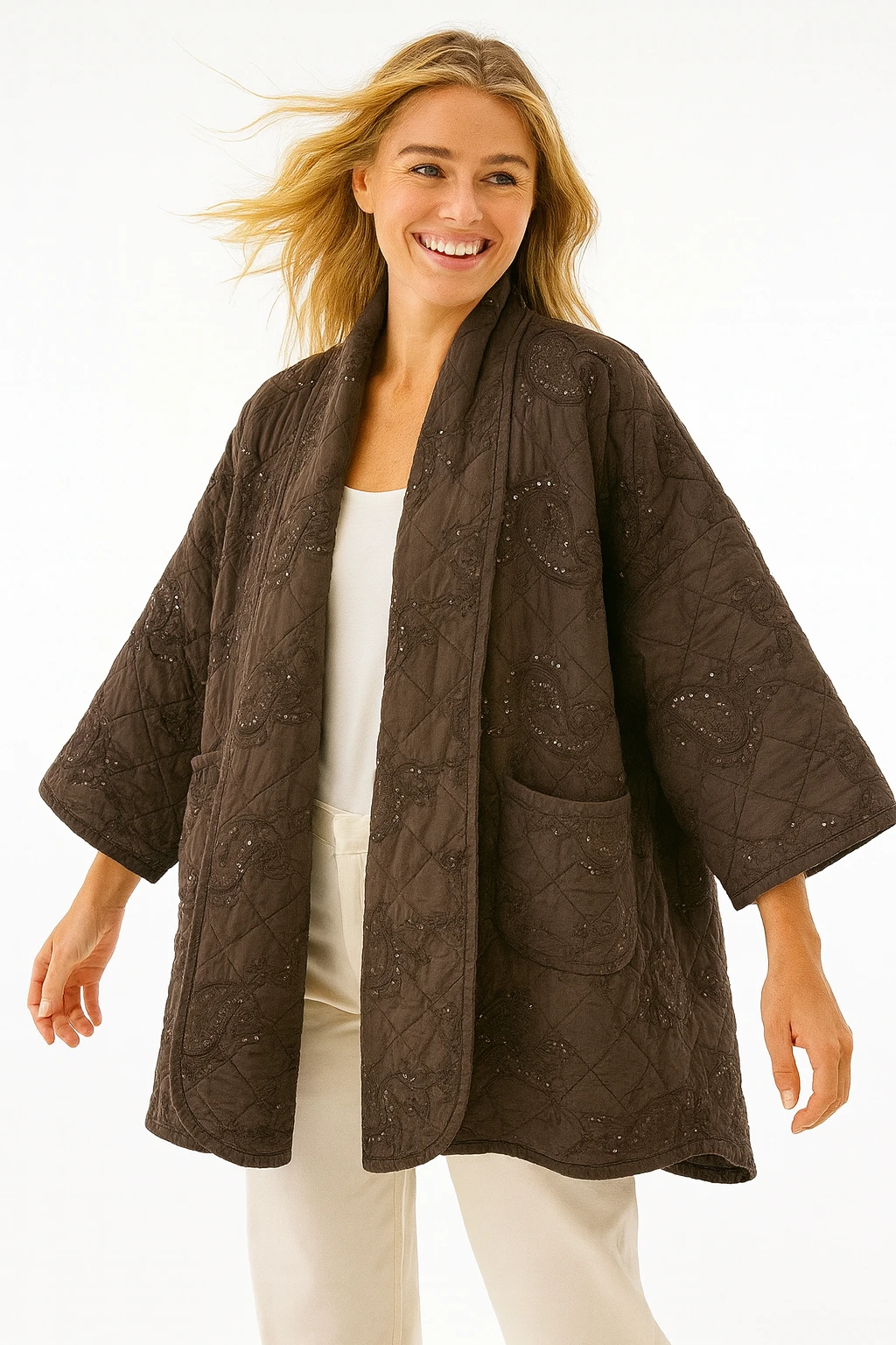 İtalyan Nakışlı Pul Payetli Kapitone Ceket - KAHVERENGİ