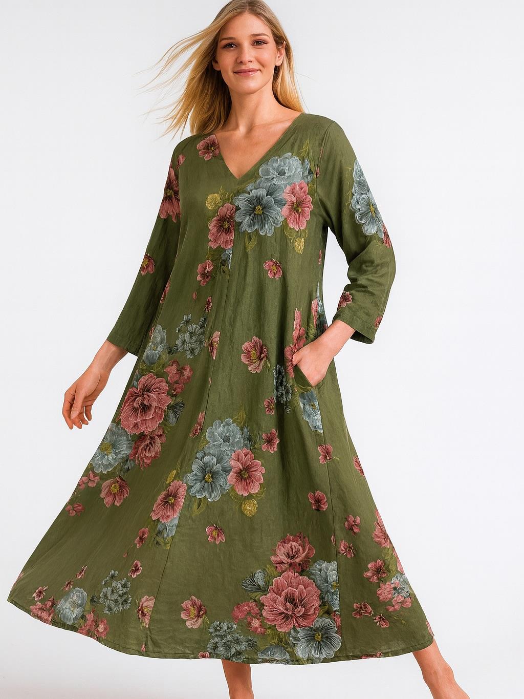 İtalyan Keten Çiçek Desenli Elbise - HAKİ