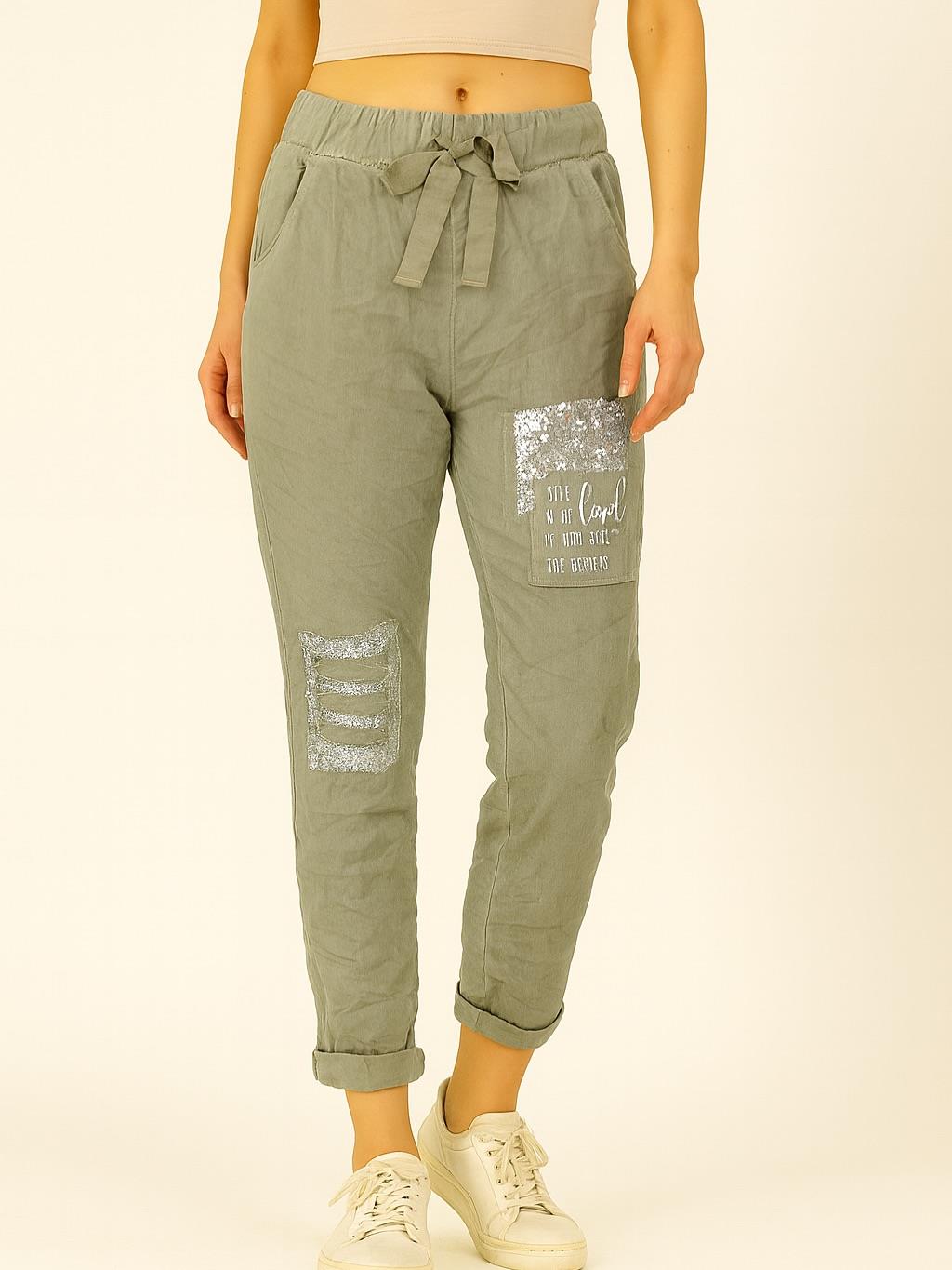 İtalyan Pul Payet Detaylı Likralı Pantolon - HAKİ