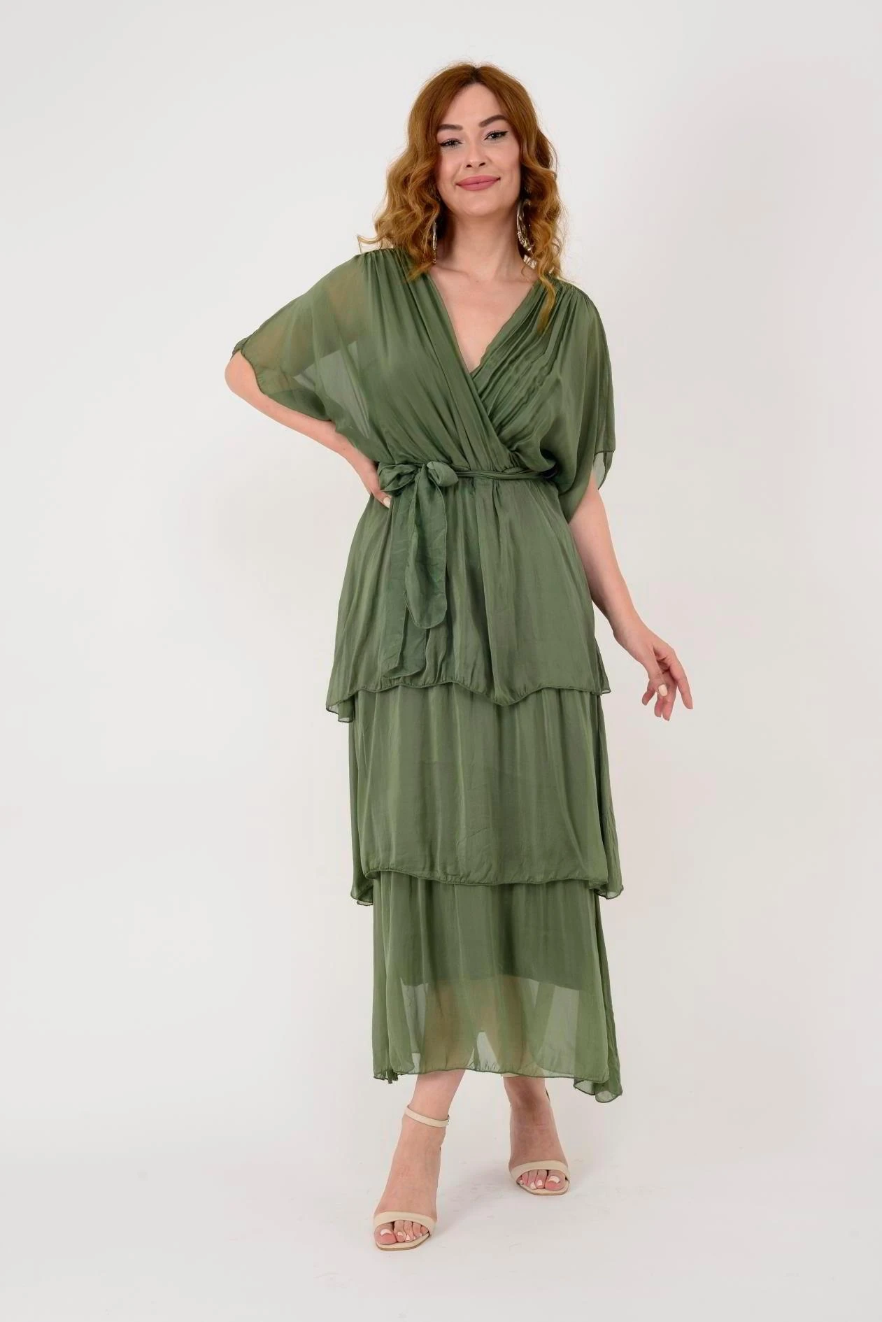 İtalyan İpek Belden Bağlamalı Elbise - HAKİ