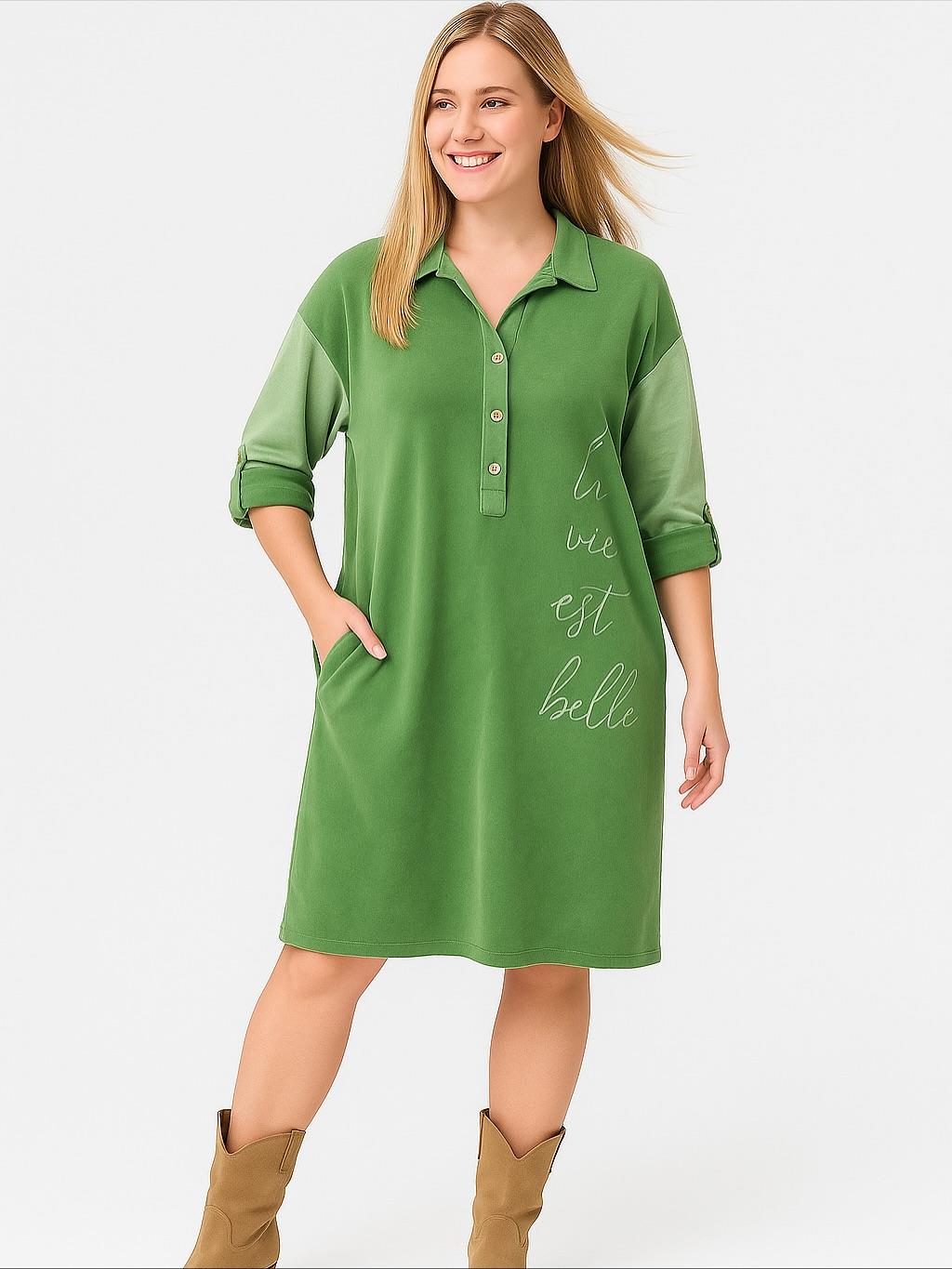 İtalyan Yazı Detaylı Nubuk Elbise - YEŞİL