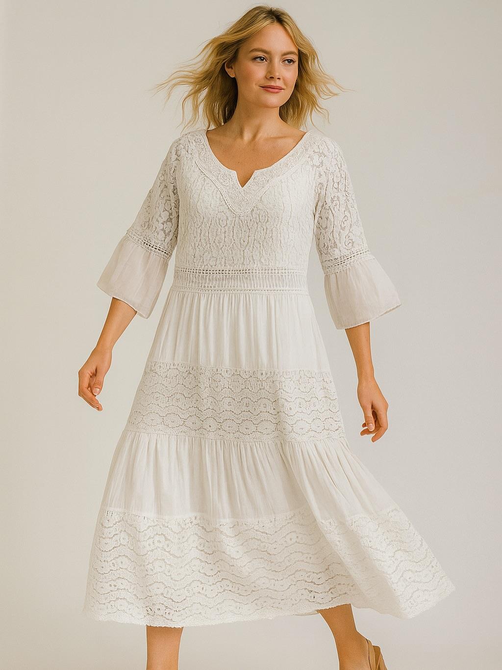İtalyan İpek Detaylı Dantel Elbise - BEYAZ