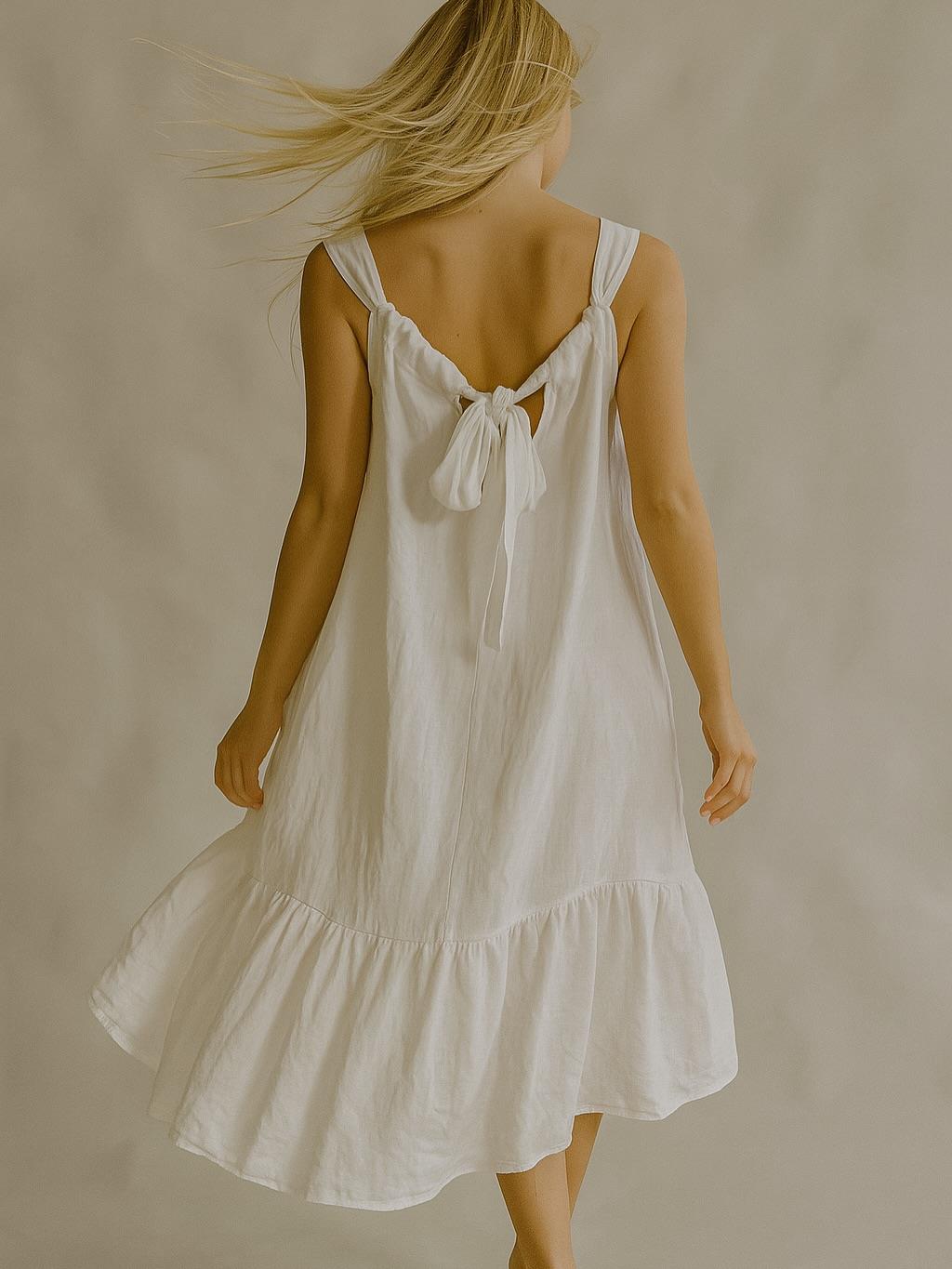 İtalyan Sırttan Bağlamalı Keten Elbise - BEYAZ