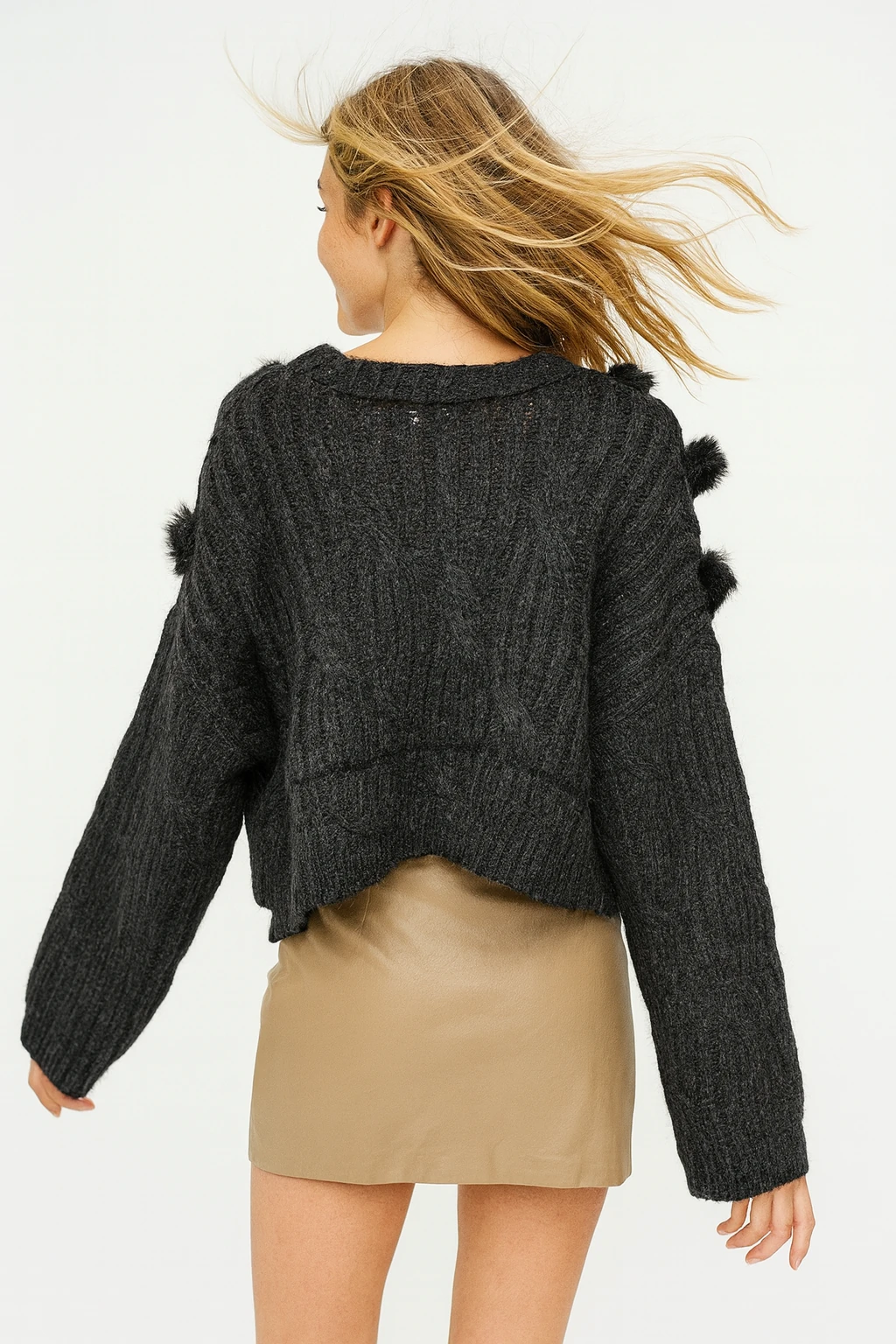 İtalyan Kürk Detaylı Triko Hırka - ANTRASİT