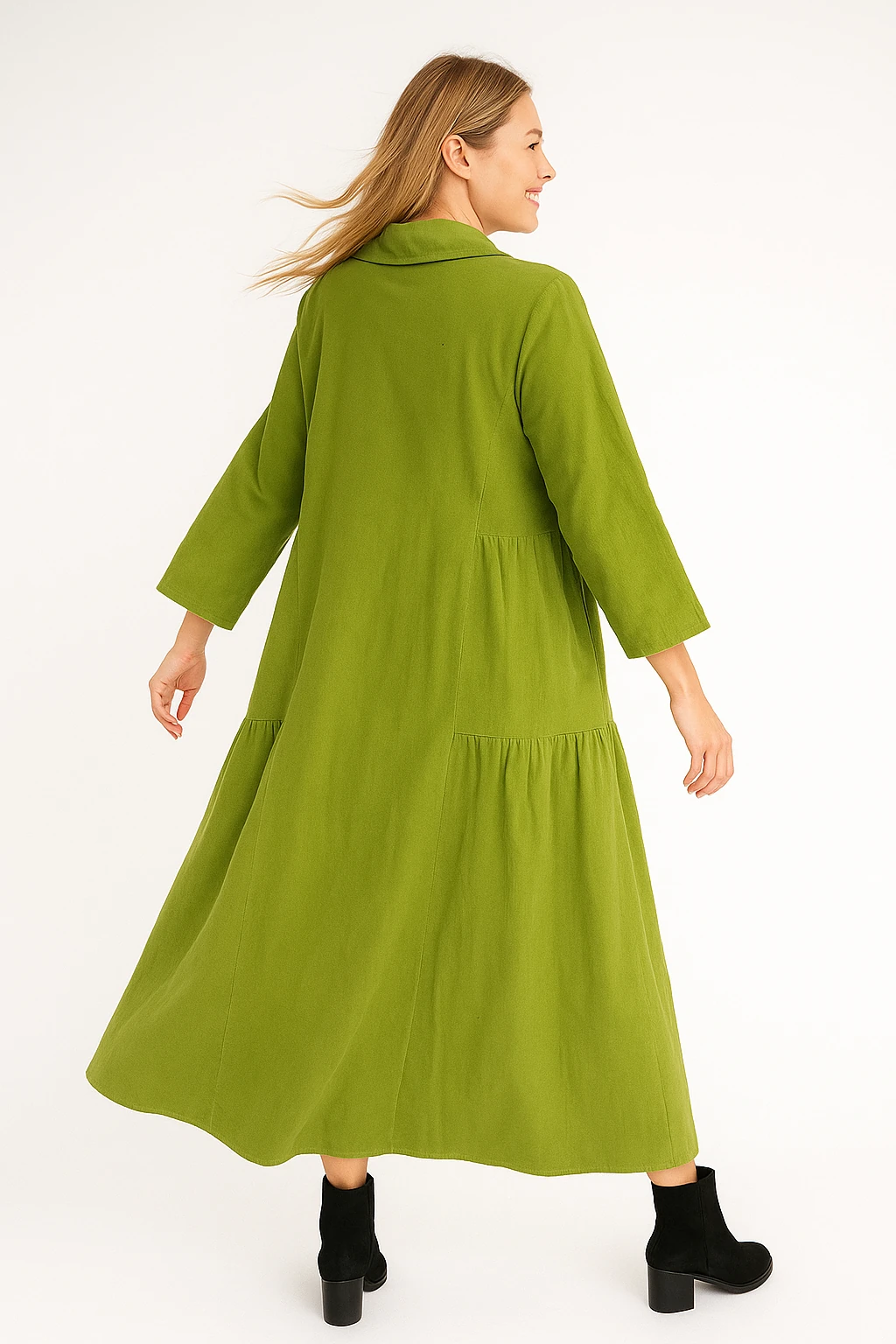 İtalyan Kadife Gömlek Elbise - YEŞİL