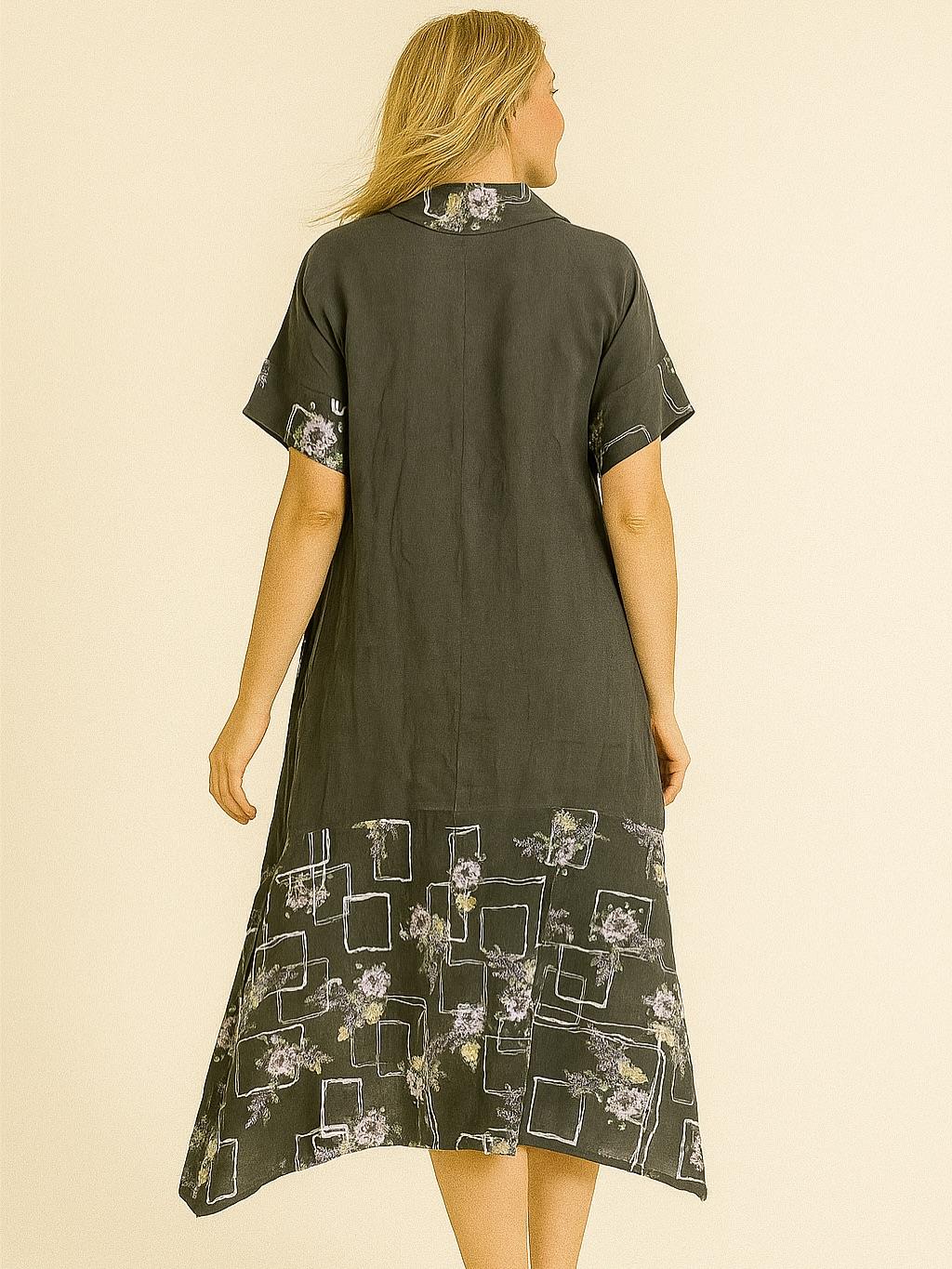 İtalyan Çiçek Desenli Keten Elbise - ANTRASİT