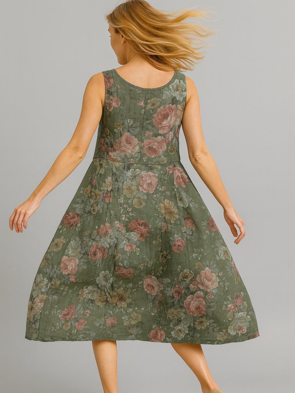 İtalyan Çiçek Desenli Keten Elbise - HAKİ