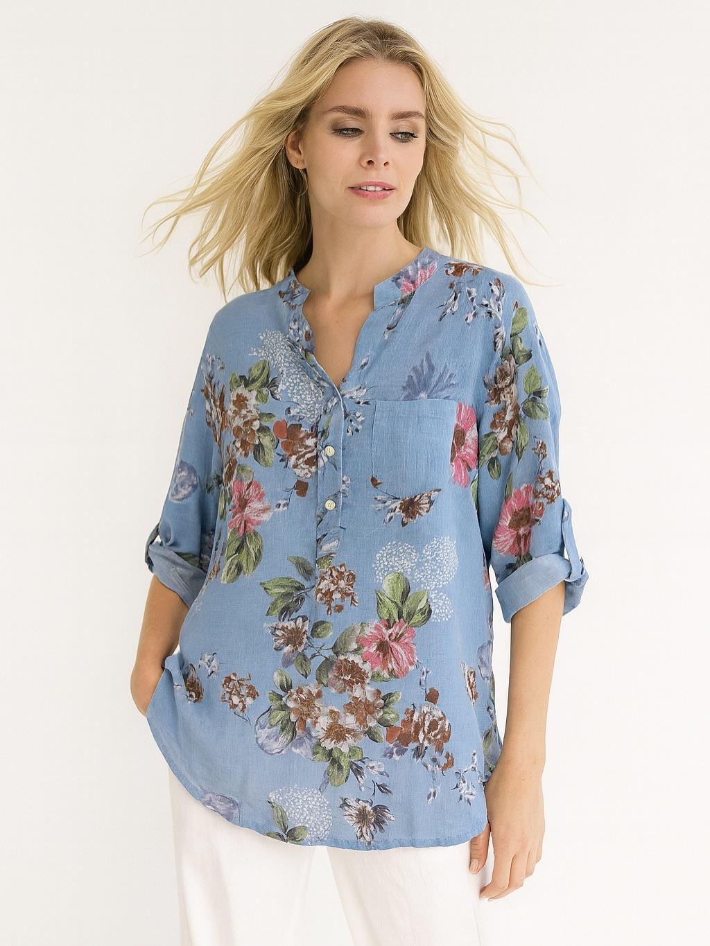 İtalyan Pamuk Keten Gömlek - MAVİ