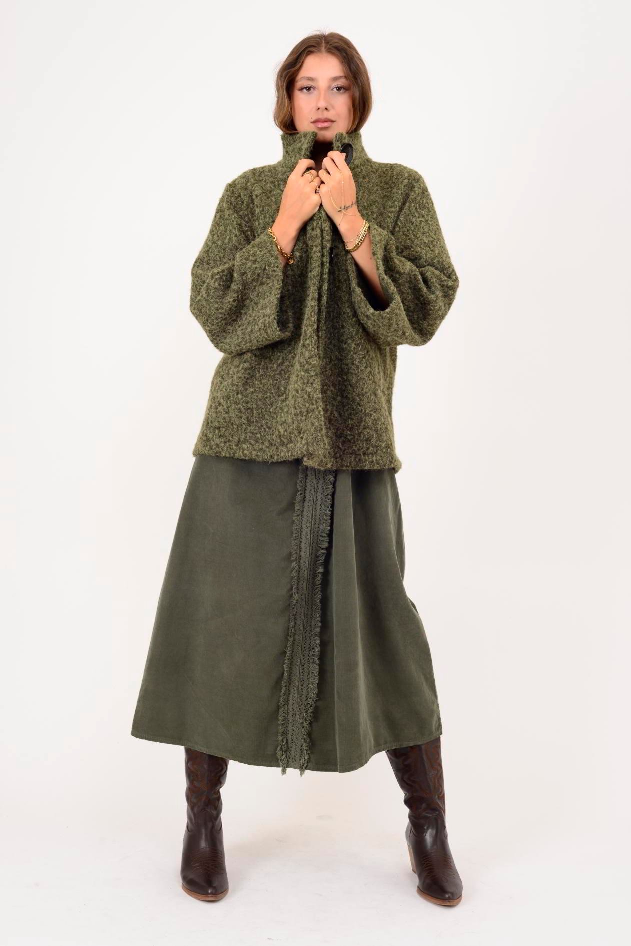 İtalyan Düğme Detaylı Keçe Ceket - HAKİ