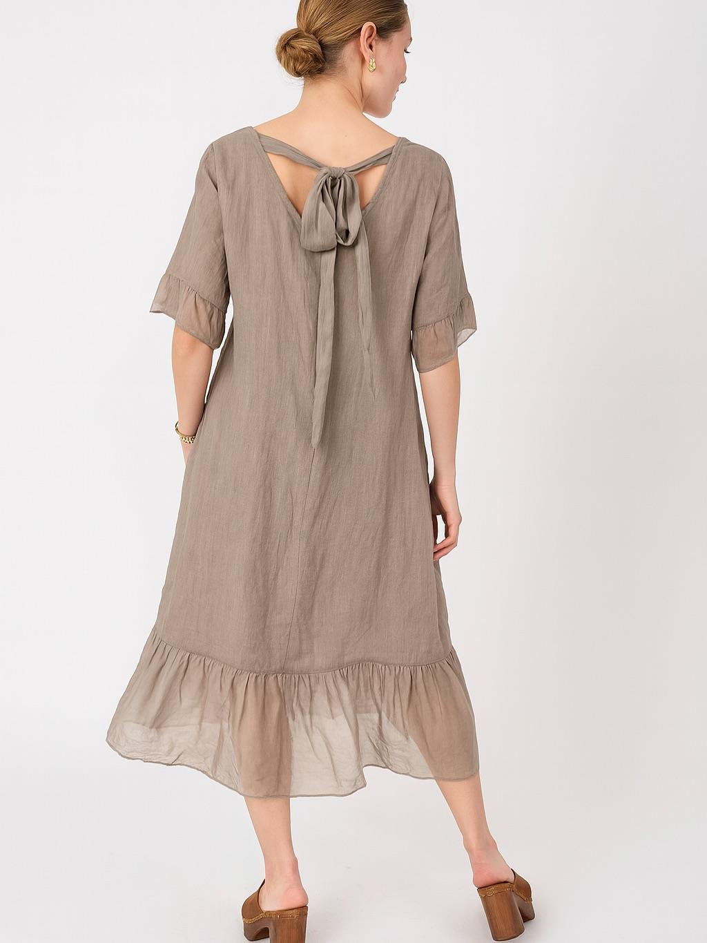İtalyan Keten İpek Detaylı Elbise - VİZON