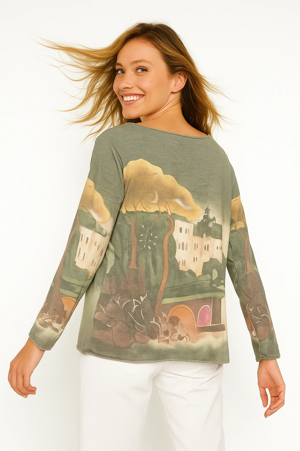 İtalyan Desenli V Yaka Triko Bluz - HAKİ