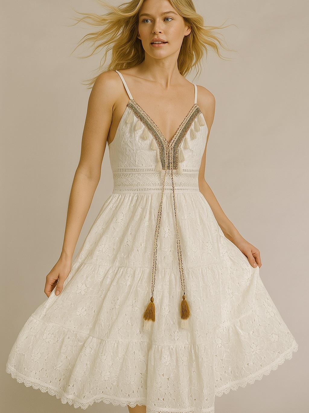 İtalyan Özel Tasarım Dantel Elbise - BEYAZ