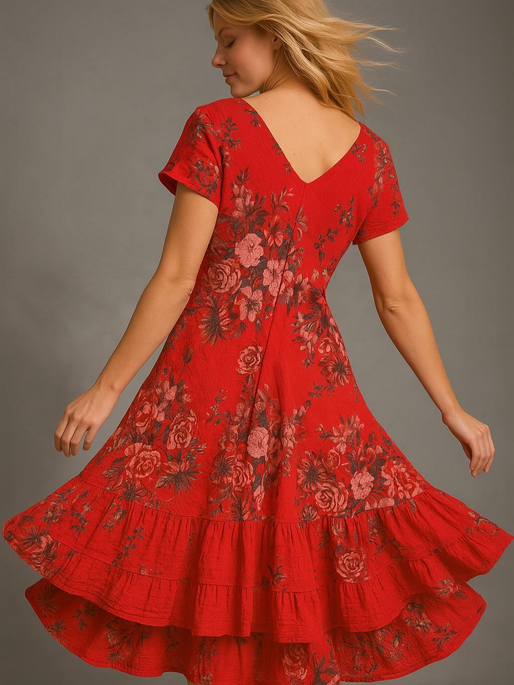 İtalyan Pamuk Keten Elbise - KIRMIZI