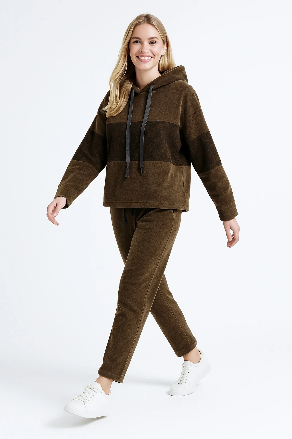 İtalyan Leopar Detaylı Kadife Takım - KAHVERENGİ