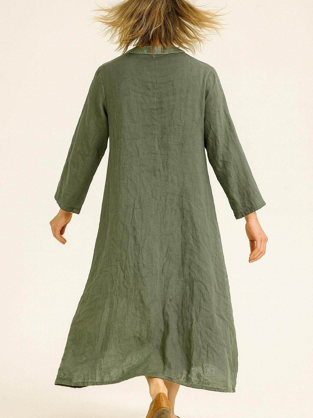 İtalyan Keten Pul Payet Detaylı Elbise - HAKİ