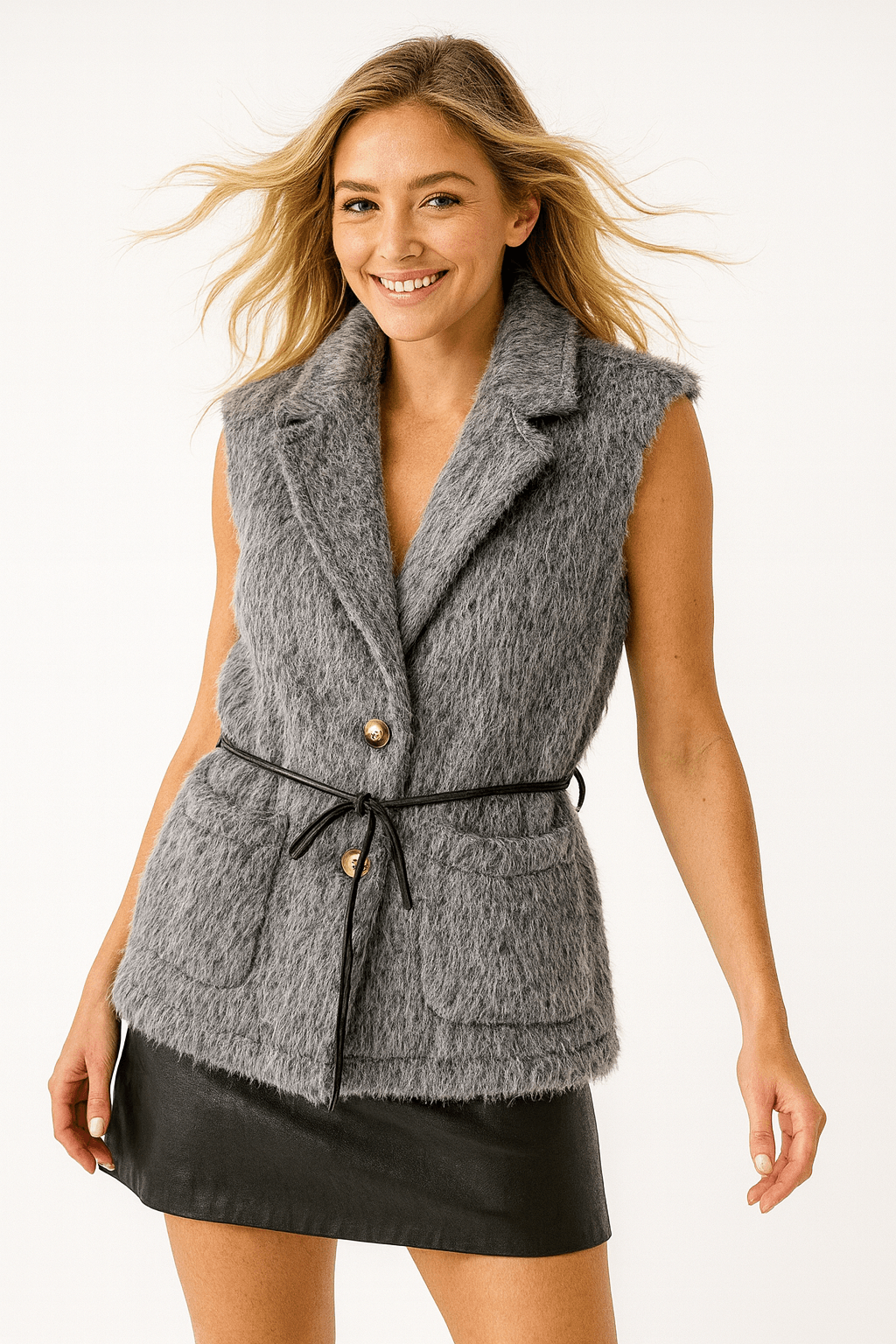 İtalyan Cep Detaylı Keçe Yelek - GRİ