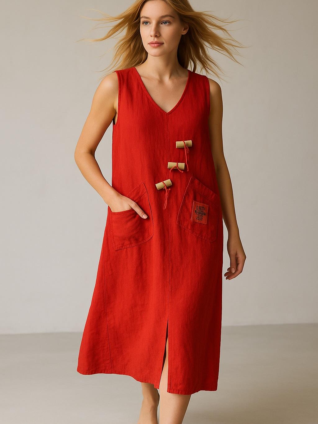 İtalyan Keten Elbise - KIRMIZI