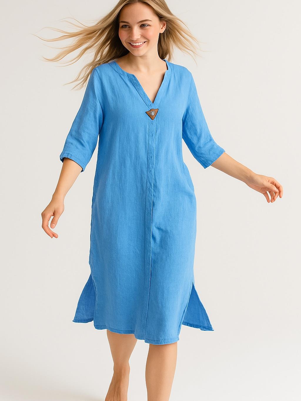 İtalyan Keten Elbise - MAVİ