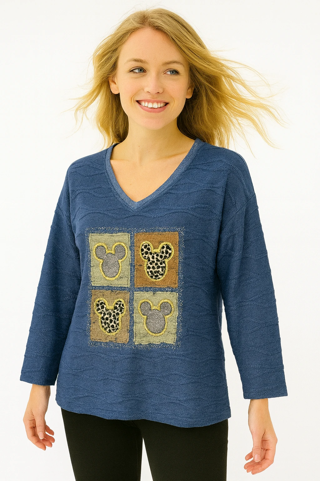 İtalyan Baskılı Triko Bluz - MAVİ