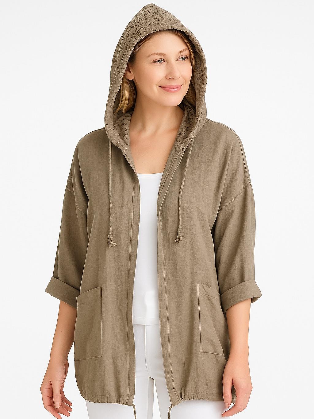 İtalyan Keten Dantel Detaylı Kapüşonlu Ceket - VİZON