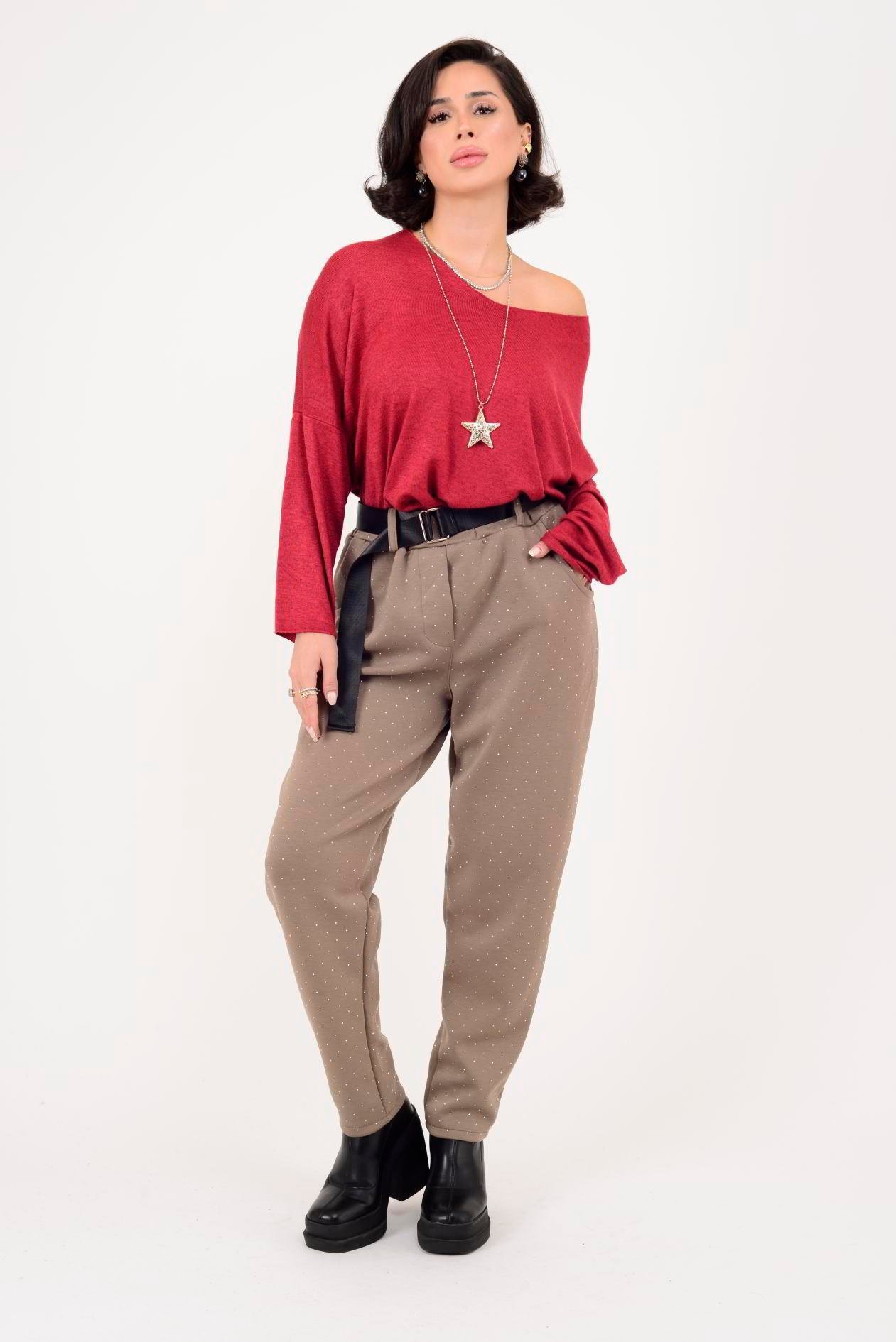 İtalyan Kemer Detaylı Taş İşlemeli Pantolon - VİZON