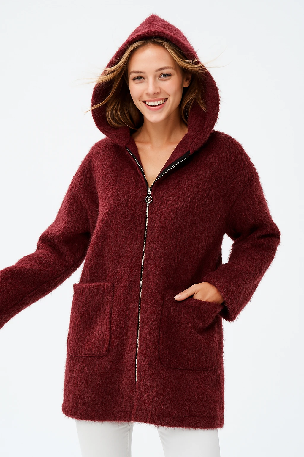 İtalyan Kapüşonlu Keçe Kaban - BORDO