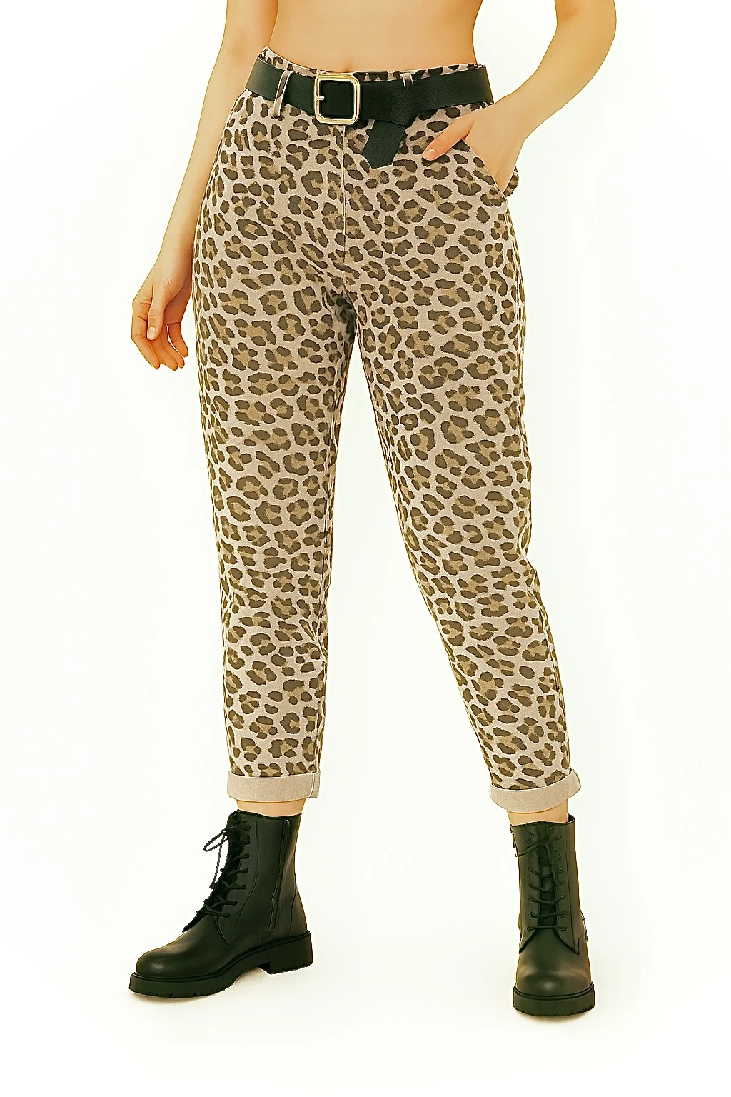 İtalyan Kemer Detaylı Desenli Pantolon - BEJ