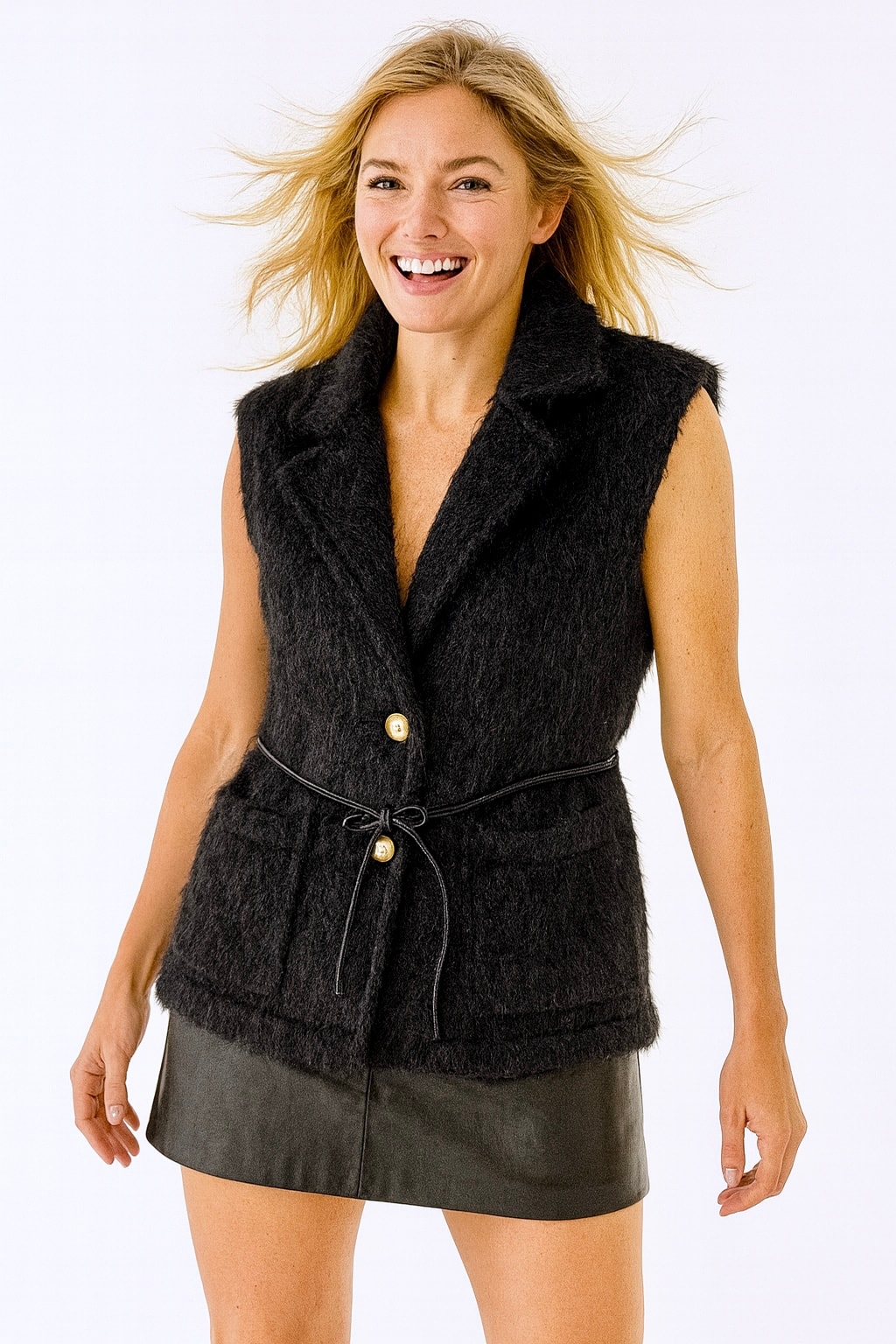 İtalyan Cep Detaylı Keçe Yelek - SİYAH