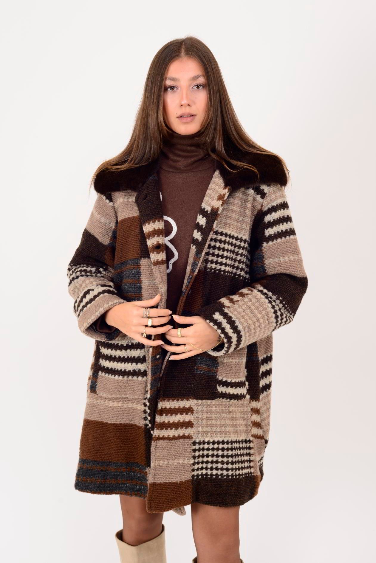 İtalyan Oduncu Desen Kürk Detaylı Keçe Kaban - VİZON