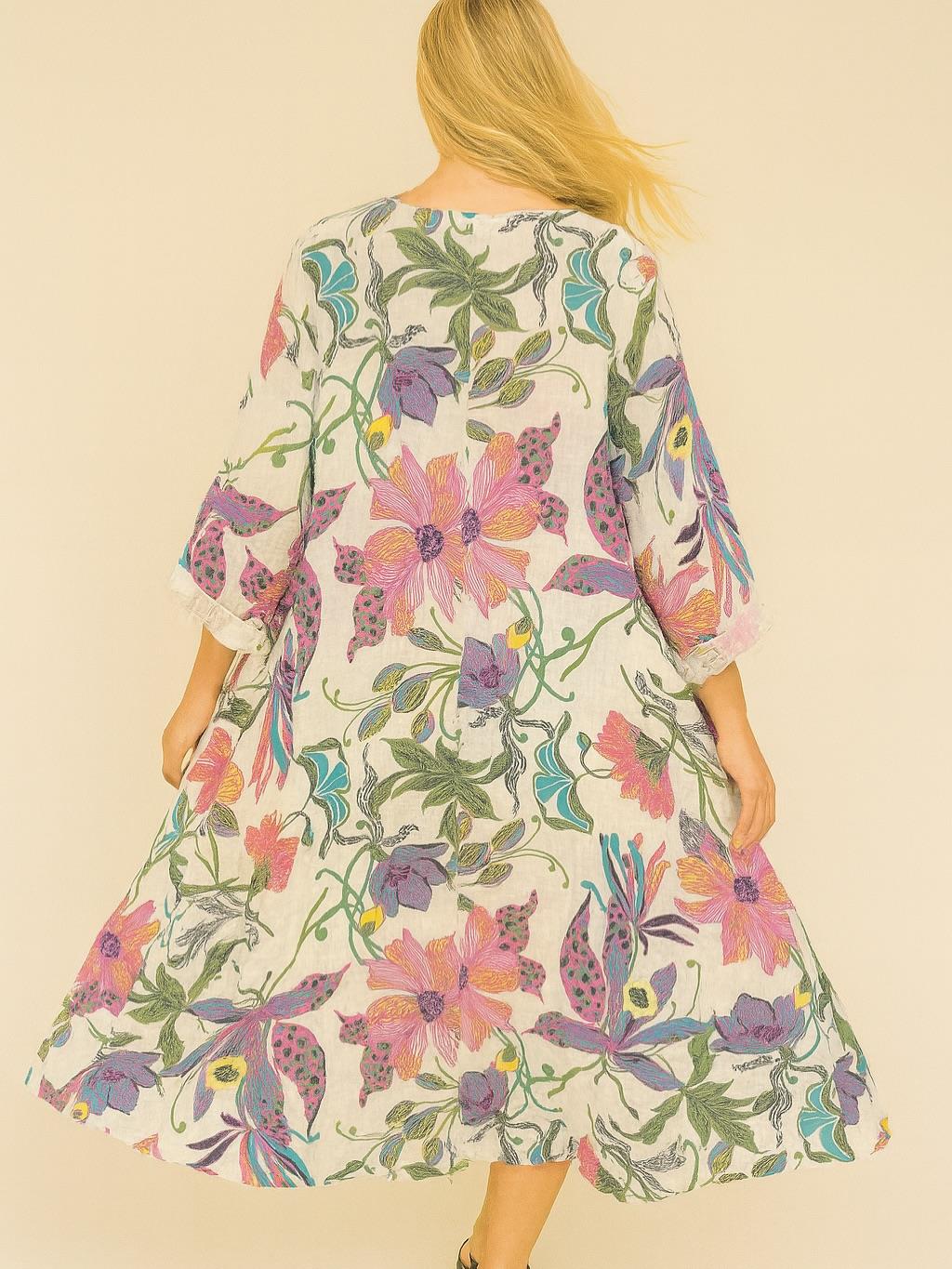 İtalyan Çiçek Desenli Keten Elbise - BEYAZ